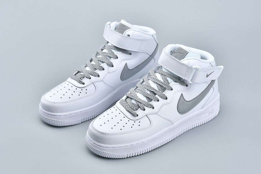 White Nike Air Force 1 Mid With Reflective Swooshes - FavSole.com