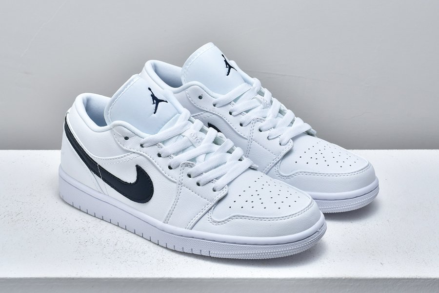 Air Jordan 1 Low White/Obsidian With Navy Swooshes - FavSole.com