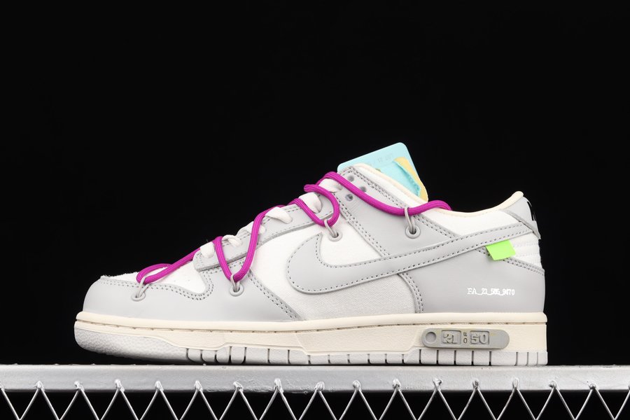 Off-White x Nike Dunk Low 21 Of 50 Grey With Hyper Violet Hiking Laces