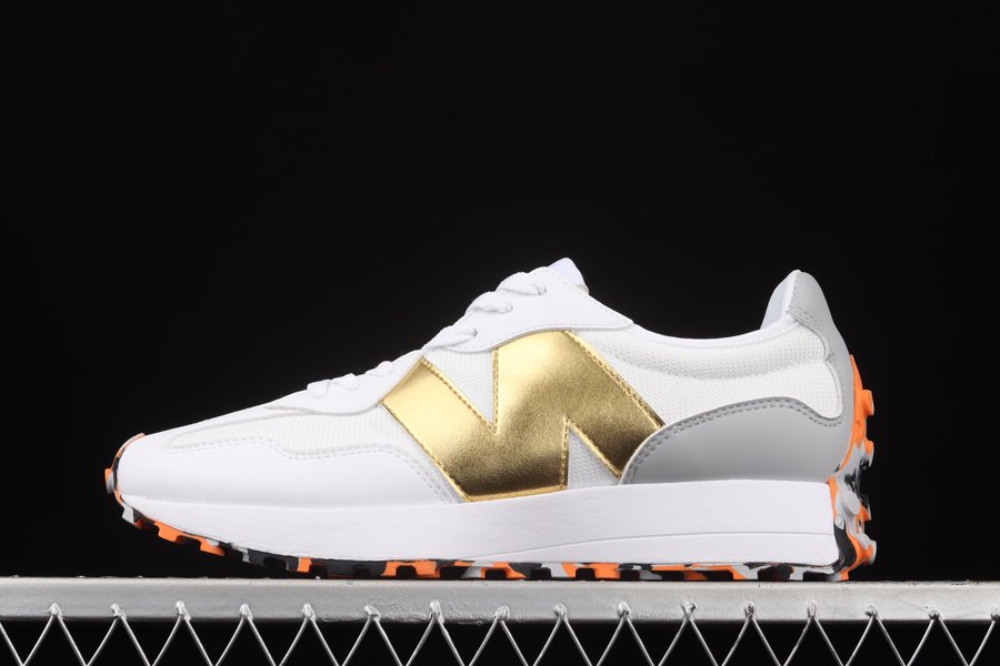 New Balance 327 White Gold With Orange Marble Rubber Sole