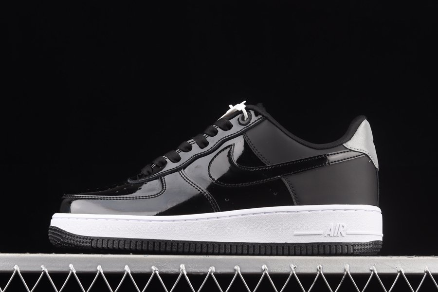 AH6827-001 Nike Air Force 1 07 Premium Black Patent Leather Reflector Silver