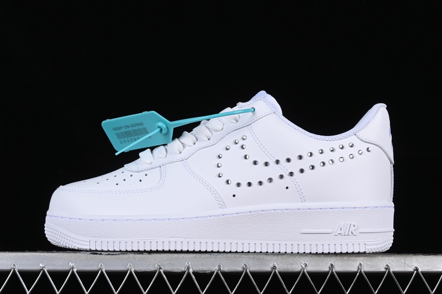 White Nike Air Force 1 Low With Metallic Silver Stud Swooshes
